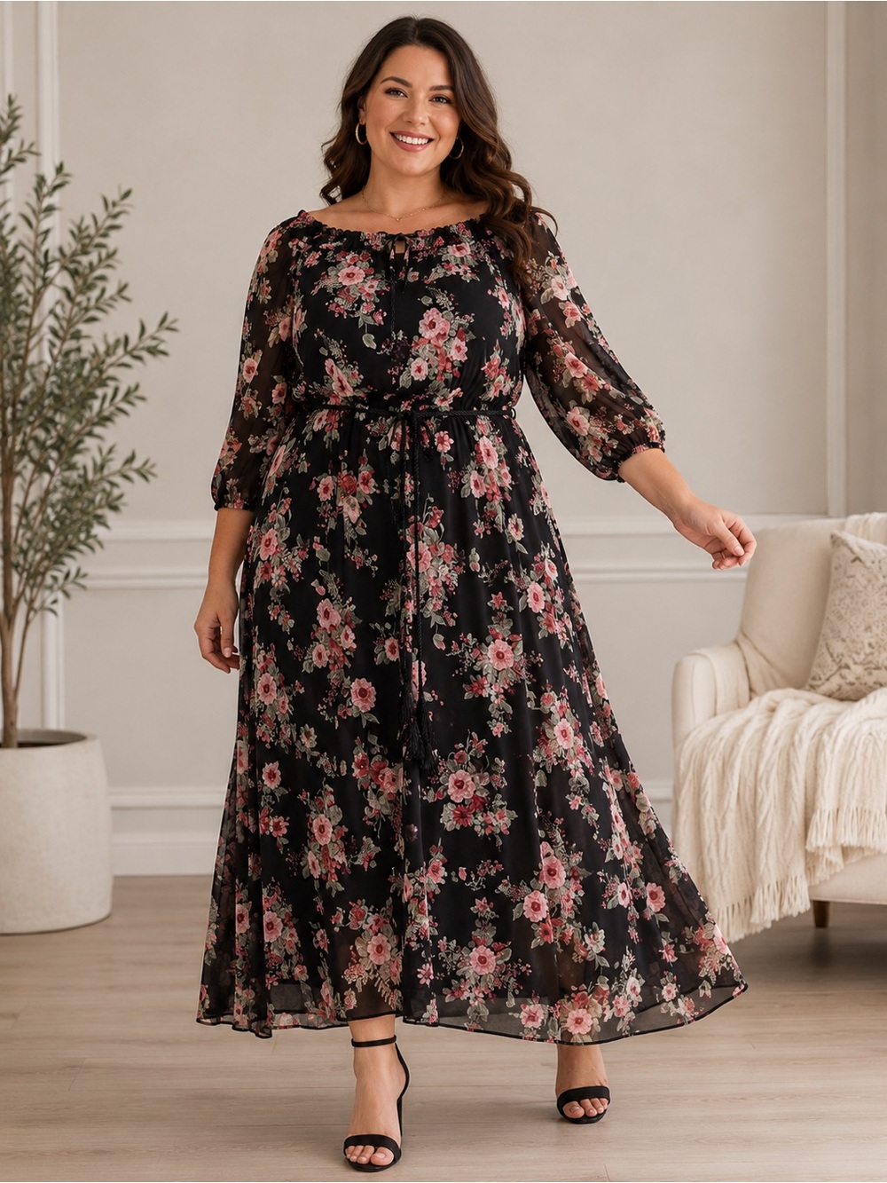 Nine West Black Floral Midi Dress – Size 18 🌸🖤